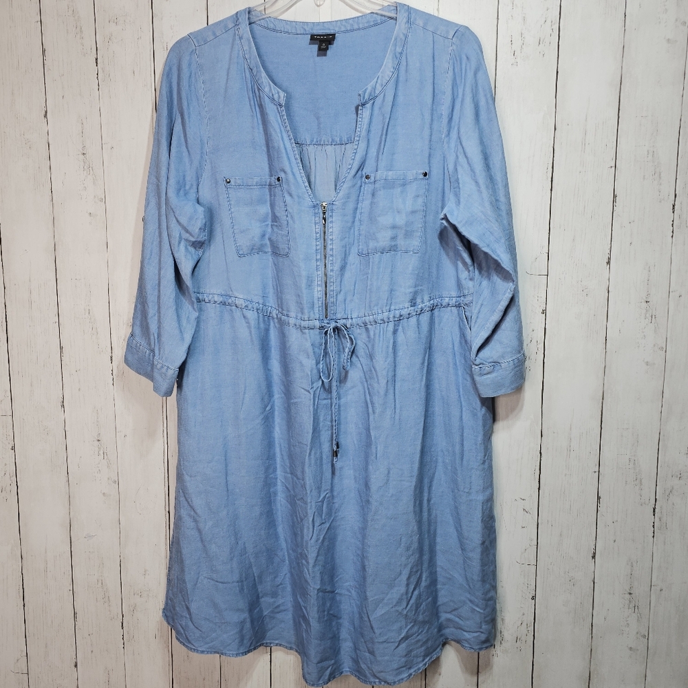 Torrid Women's Blue Chambray Split Neck Zip Roll Tab Sleeves Dress Size 0X Large - Picture 4 of 11